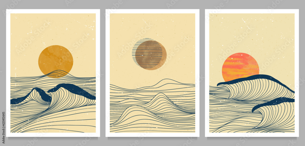 Ocean wave landscape illustrations on set. Creative minimalist modern line art print. Abstract contemporary aesthetic backgrounds landscapes. with Ocean wave, sea and sunset