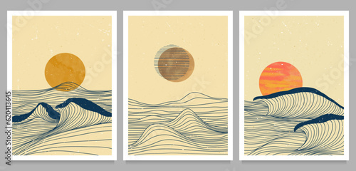Ocean wave landscape illustrations on set. Creative minimalist modern line art print. Abstract contemporary aesthetic backgrounds landscapes. with Ocean wave, sea and sunset