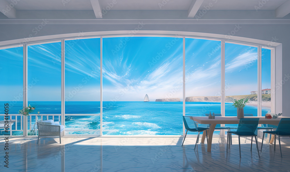 Obraz premium a room with a view of the ocean and the sky. generative ai