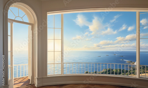  a room with a large window and a view of the ocean. generative ai