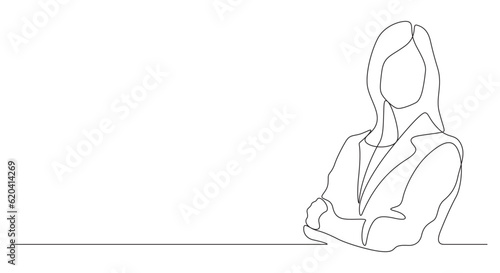 continuous line drawing of long hair woman leader arms crossed pose