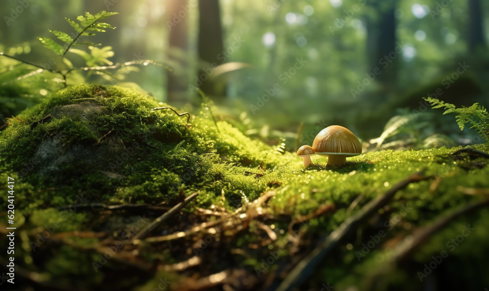 Obraz premium a small mushroom sitting on top of a lush green forest. generative ai