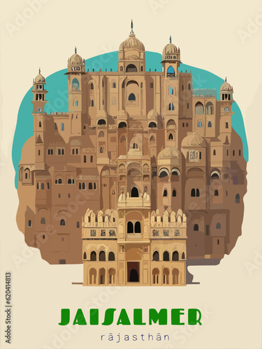 Beautiful retro-styled poster of with a city and the name Jaisalmer in Rājasthān