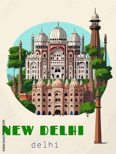 Beautiful retro-styled poster of with a city and the name New Delhi in Delhi