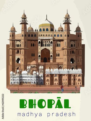 Beautiful retro-styled poster of with a city and the name Bhopāl in Madhya Pradesh