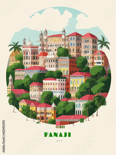 Beautiful retro-styled poster of with a city and the name Panaji in Goa