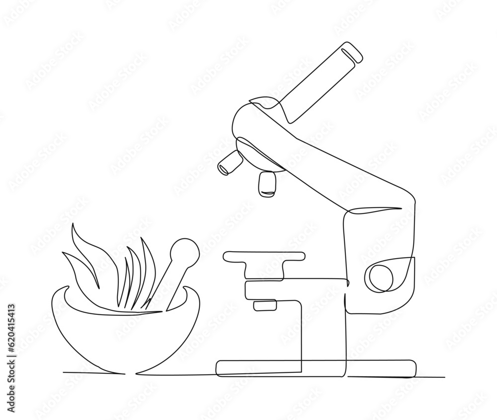 Continuous one line drawing of microscope and mortar. Simple illustration of microscope laboratory and pestle line art vector illustration. 
