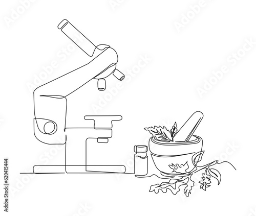 Continuous one line drawing of microscope and mortar. Simple illustration of microscope laboratory and pestle line art vector illustration. 