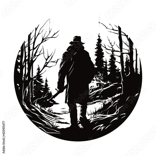Silhouette of a hunting person in a hat, vector art, isolated on white background, vector illustration