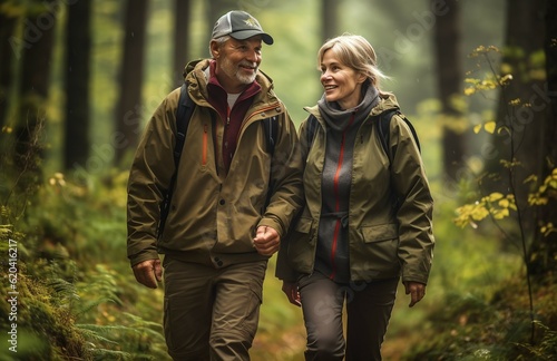 elderly couple hiking in the woods