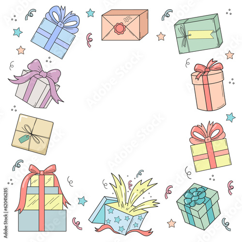 Cute colored box gifts square frame. Space for text. Birthday card. Pastel palette.