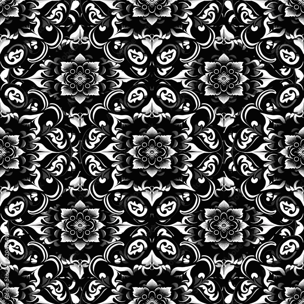 Obraz premium Seamless black and white damask pattern. Vector illustration.