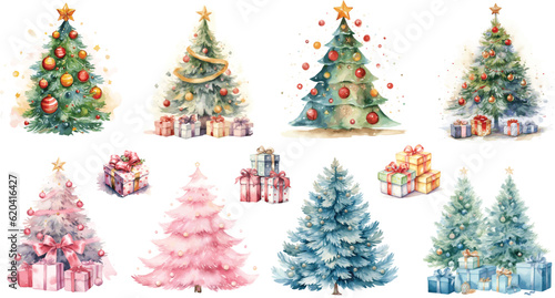Obraz na płótnie Vector illustration of Watercolor Christmas Trees Green fluffy christmas pine an