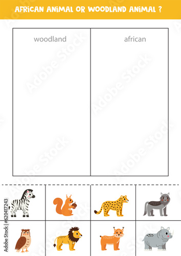 Sort cards into African or woodland animals. Logical game for children.