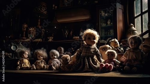 Fotografiet A dimly lit attic filled with dusty antique dolls