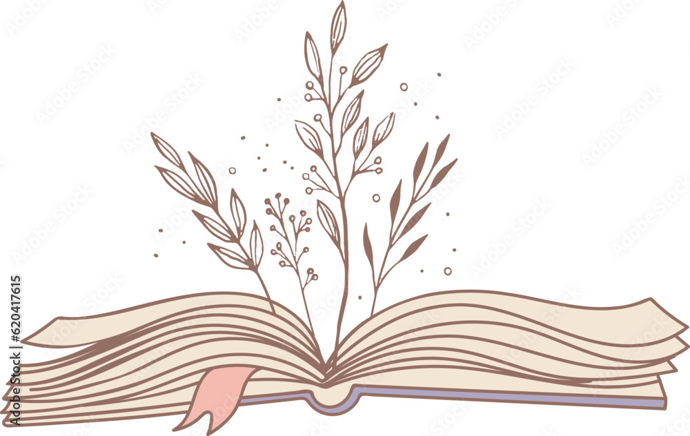 Hand drawn open book with floral elements Hand drawn open book with floral elements