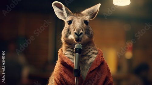 A talented kangaroo holding a microphone