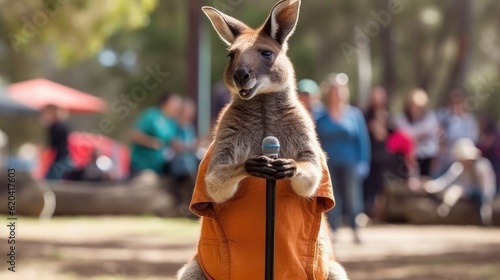 A talented kangaroo holding a microphone