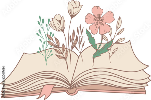 Hand drawn open book with flowers