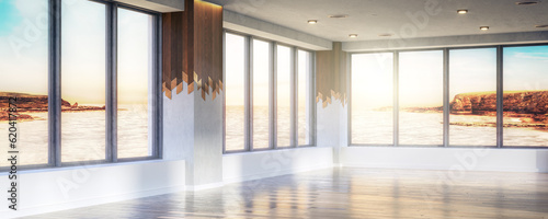 Leere Büro-Apartment-Fläche mit dekorativen Holzelementen und Böden - panoramische 3D Visualsierung