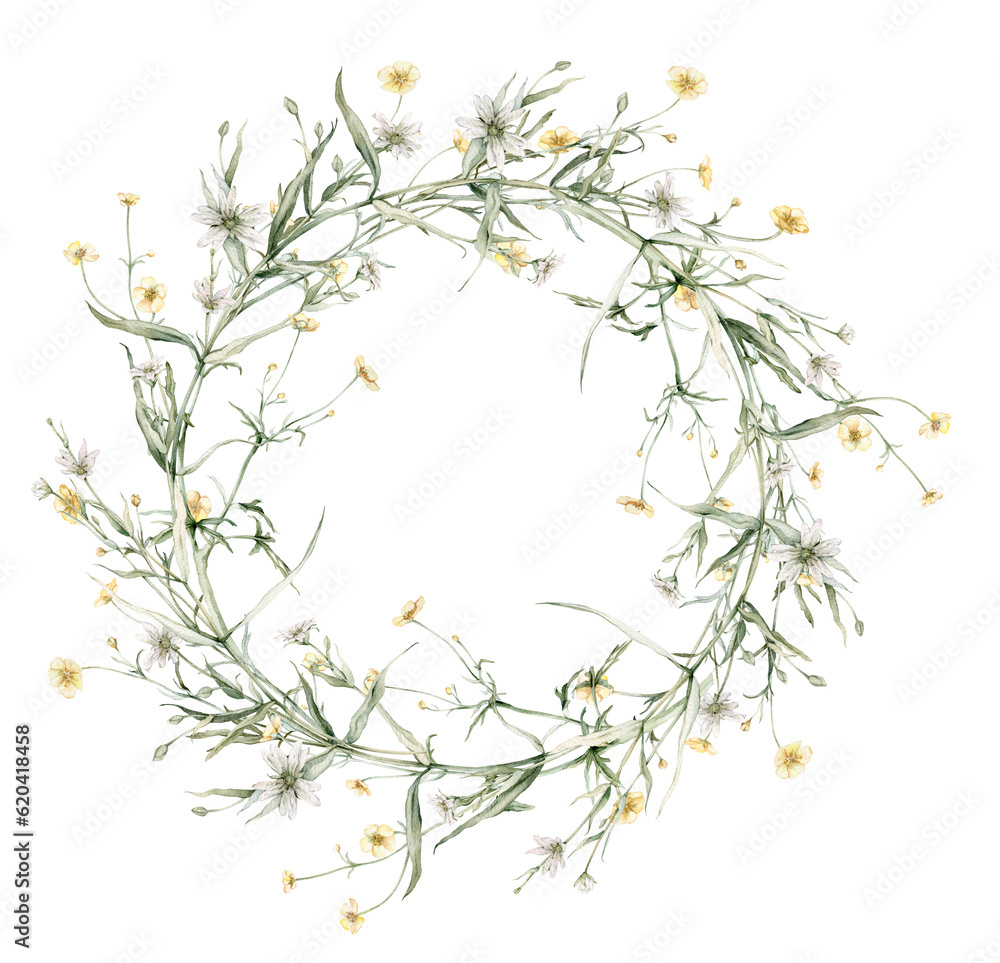 Wreath of yellow and white flower meadow, forest flowers. Buttercup, stellaria holostea.Watercolor hand painting illustration on isolate. , circlet of flowers