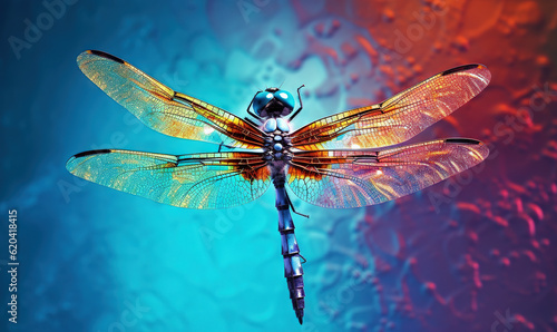  a colorful dragonfly sitting on top of a blue surface.  generative ai © Anna