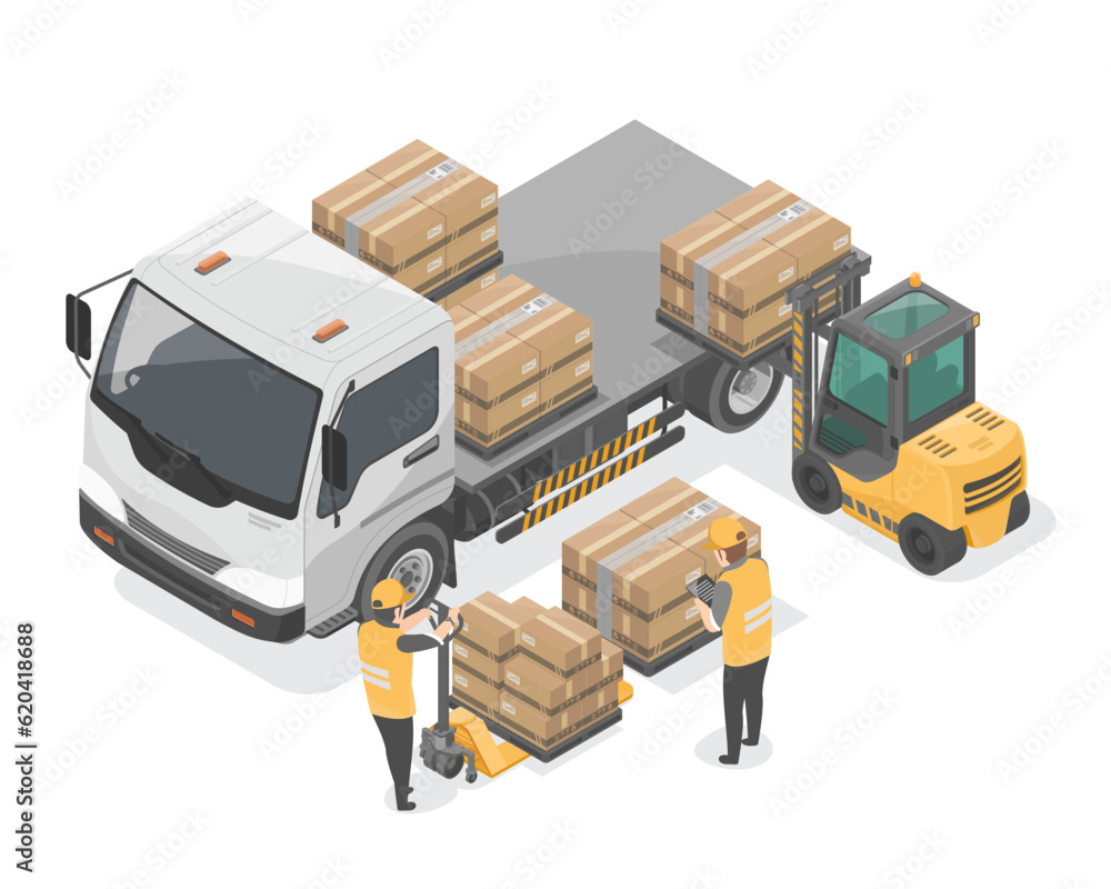 Medium Truck isometric Waiting to receive goods or product and a forklift carrying the product and worker staff is inspecting the product before delivery in warehouse transportation isolated vector - obrazy, fototapety, plakaty 