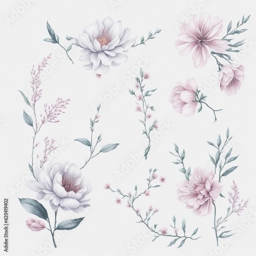 "Whimsical Blooms: Minimal Watercolor Collection of Sakura Floral Decorations on White"