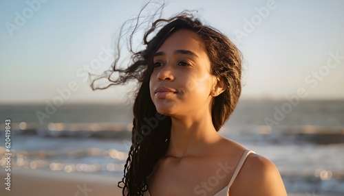 Vibrant Coastal Charm: Afro-American Girl Captured in a Close-up Portrait at the Beach. AI Generative