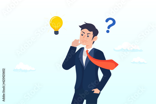 Thoughtful businessman think of solution to solve problem with light bulb and question mark, solution to solve problem, asking question and answer, discover idea, solving business difficulty (Vector) © Art of Ngu