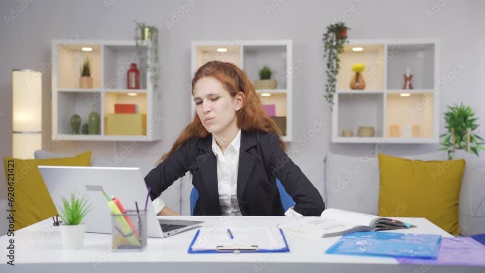Home office worker woman has stomachache. Home office worker woman has stomachache.
