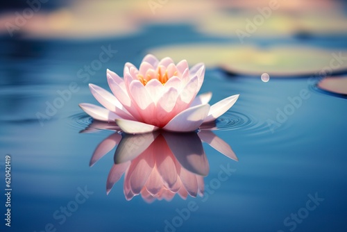 A floating lotus flower on the calm surface of a pond symbolizes the potential for transformation and spiritual growth through the practice of meditation and mindfulness. AI Generative