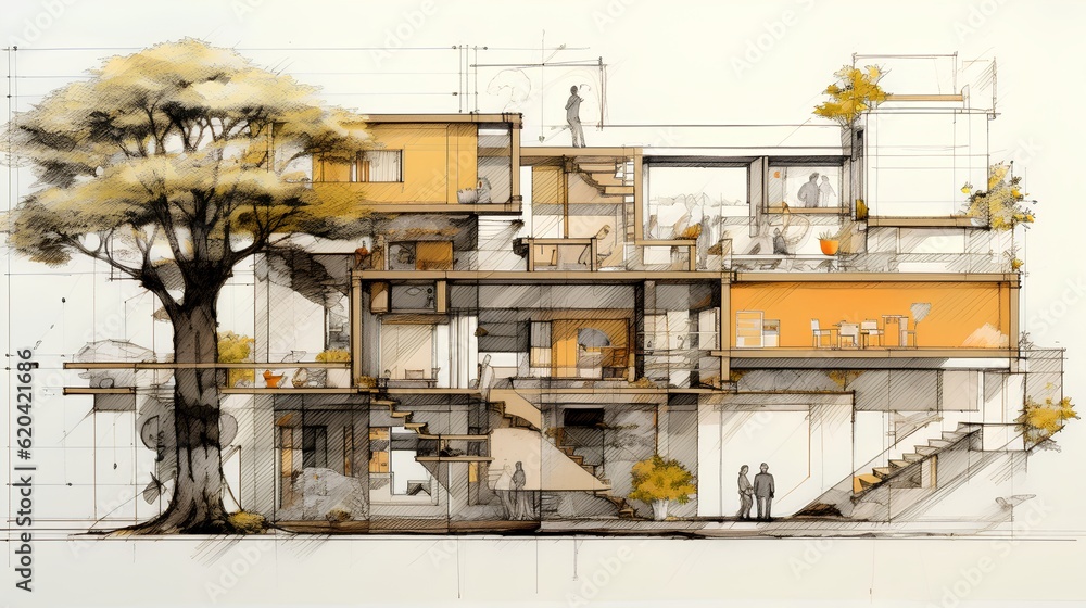 An intricate drawing depicts a sustainable project, showcasing eco-friendly design principles and innovative green solutions. Generative AI