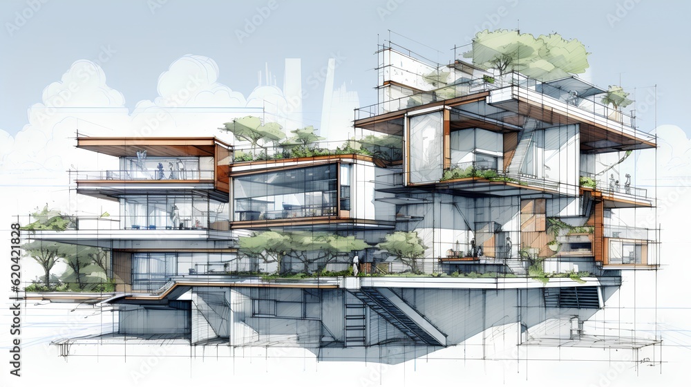 An intricate drawing depicts a sustainable project, showcasing eco-friendly design principles and innovative green solutions. Generative AI - obrazy, fototapety, plakaty 