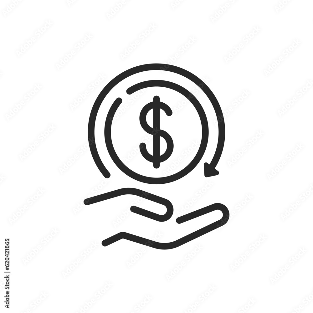 Cashback or Refund Icon. Vector Linear Editable Sign of a Hand Holding a Coin with a Rotating Arrow, Symbolizing Cashback, Money Returns, Investment, and Savings Cashback or Refund Icon. Vector Linear Editable Sign of a Hand Holding a Coin with a Rotating Arrow, Symbolizing Cashback, Money Returns, Investment, and Savings