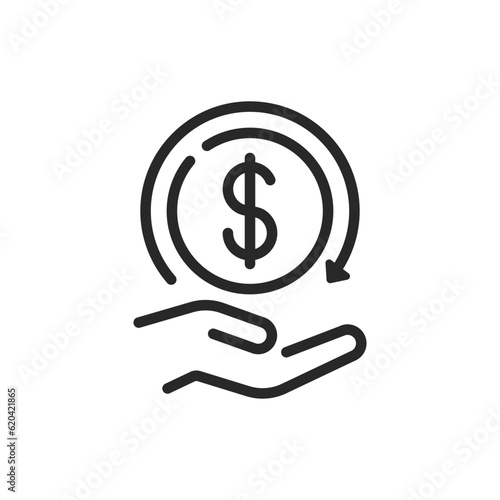 Cashback or Refund Icon. Vector Linear Editable Sign of a Hand Holding a Coin with a Rotating Arrow, Symbolizing Cashback, Money Returns, Investment, and Savings