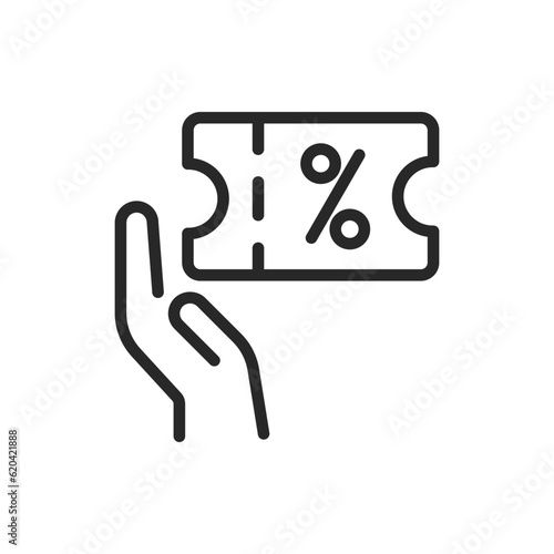 Discount Coupon Icon. Vector Linear Editable Sign of Hand with Rebate Voucher. Perfect for Retail Promotions, Consumer Incentives, and Economical Shopping Projects. Vector Illustration of Money Saving