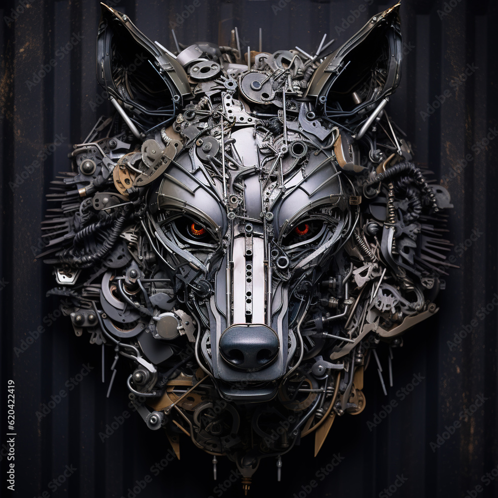Image of wolf face made with steel and various metals on clean background. Wildlife Animals. Illustration, Generative AI. Image of wolf face made with steel and various metals on clean background. Wildlife Animals. Illustration, Generative AI.