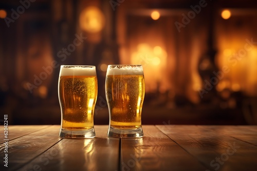 Fotografie, Tablou Two glasses of beer on a wooden table in a pub or restaurant ai generated