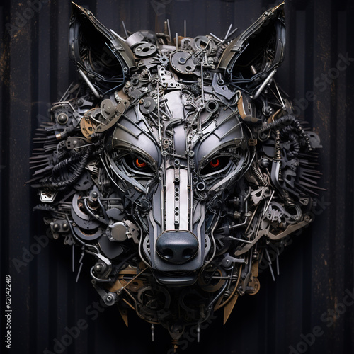 Image of wolf face made with steel and various metals on clean background. Wildlife Animals. Illustration, Generative AI.