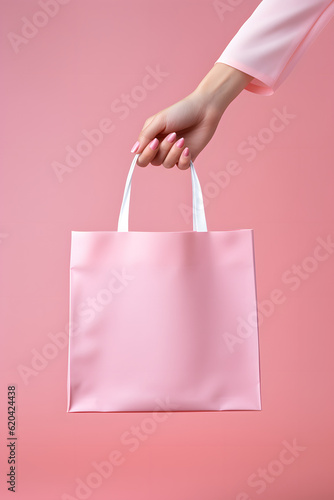 Hand holding pink shopping bag. Fashionable and trendy. (AI generative)