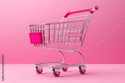 Pink shopping cart on vibrant background. Shopping made stylish. AI-generated 
