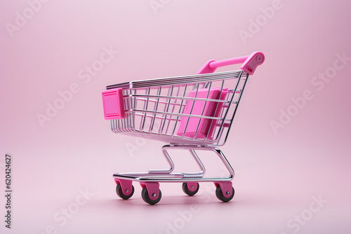 Pink shopping cart on vibrant background. Shopping made stylish. AI-generated 