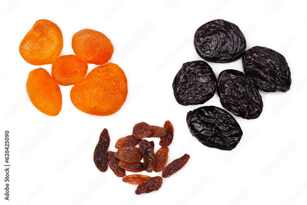 Dry fruits isolated on a white background, top view Dry fruits isolated on a white background, top view