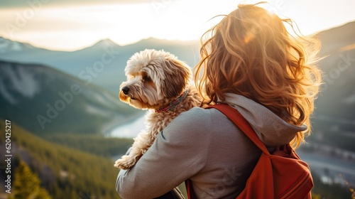 mountain view background and back side of tourist woman. she's traveling with dog. they are best friend. canadian rockies. banff national park.