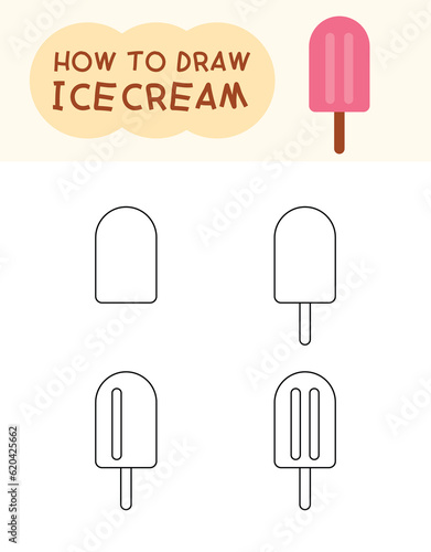 How to draw cute ice cream cartoon step by step for kid and coloring book