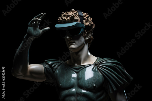 Technology  history and fine-art concept. Roman man sculpture wearing virtual reality goggles. Bust of male with glasses. Generative AI