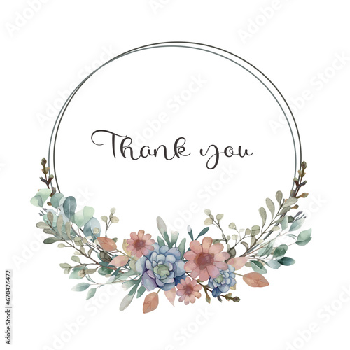 Watercolour floral frame with the inscription thank you. Empty space for your design, for printing postcards, greetings, stickers on envelopes. Eucalyptus, bohemia, geometry