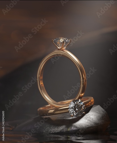 3D rendering design. Two gold diamond rings on the rocks in the lake. with a macro image highlighting the gold ring from the precious jewelry concept.