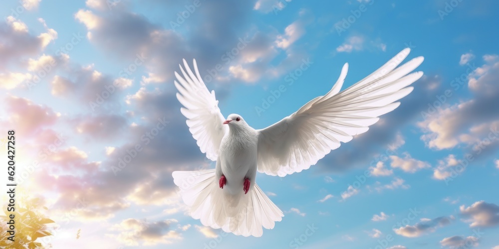 International Peace Day, White Dove Flying on Blue Sky Background, Bird of Peace Symbol. Generative Ai International Peace Day, White Dove Flying on Blue Sky Background, Bird of Peace Symbol. Generative Ai